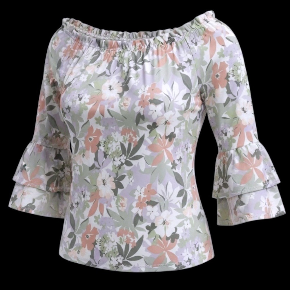 Apt. 9 Floral Mesh Off Shoulder Top Tiered Bell Sleeve Green Lavender Large